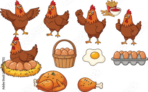 Cartoon Chickens with Eggs, Basket, and Food for Farm, Animal, and Food Illustrations