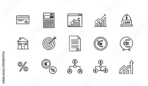Minimal line finance icons collection with banking loan analytics and business outline symbols vector set