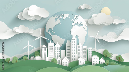 Paper Art Nature Landscape with Save the Earth and Green Eco City – Ecology and Environment Conservation Background Template Vector Illustration