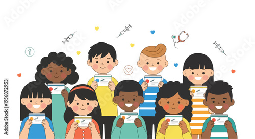 Diverse group of children celebrating International Day of Mathematics with colorful floating symbols and equations on a white background