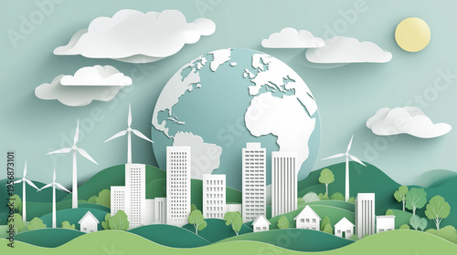 Paper Art Nature Landscape with Save the Earth and Green Eco City – Ecology and Environment Conservation Background Template Vector Illustration