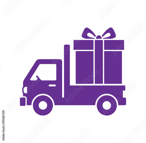 Purple truck with a large gift box on the back for delivery services