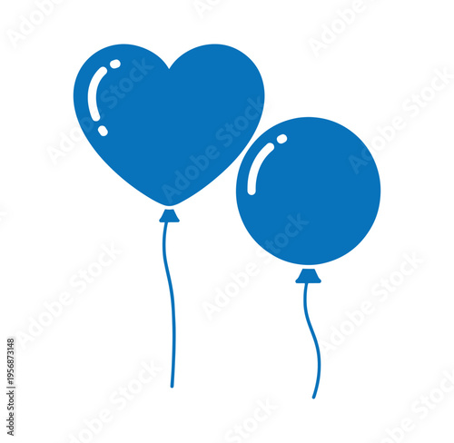 Two blue balloons one heart shaped and one round tied with strings