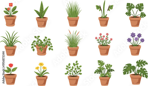 Cartoon Collection of Various Potted Plants Including Flowers and Herbs for Home Decor, Gardening, and Nature Illustrations