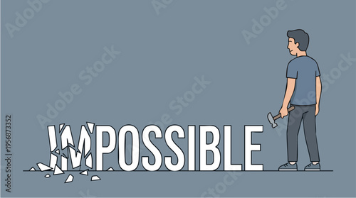 Man Holding Hammer Breaking Through the Word Impossible, Symbolizing Overcoming Challenges and Achieving the Unbelievable in Motivational and Success Concepts