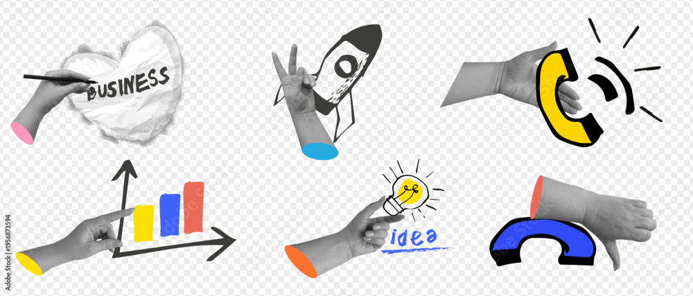 Naklejka premium Business collage set of hands with creative icons like rocket, lightbulb, and graph. Horizontal vector illustration in modern surreal style for startup presentations and corporate designs.