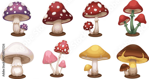 Cartoon Colorful Mushrooms with Different Shapes and Colors for Nature, Plants, and Fantasy Illustration Graphic
