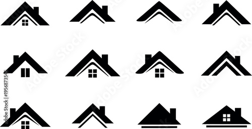A collection of simple black and white house icons in various styles and orientations