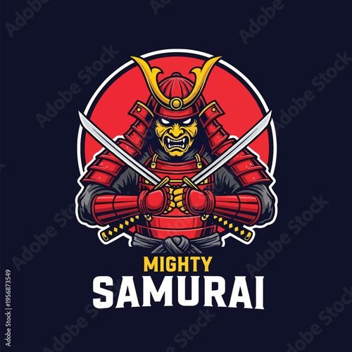 Dynamic graphic illustration of a mighty samurai warrior with crossed swords emblem