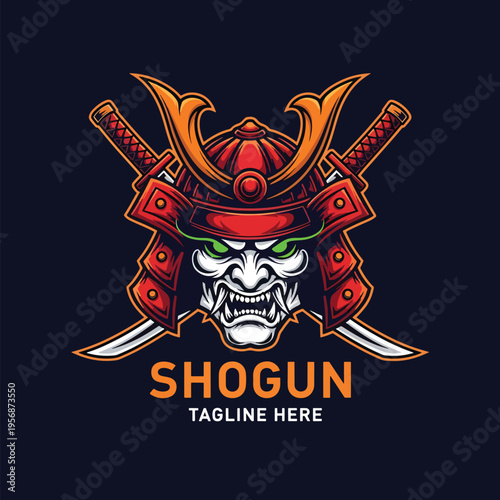Fierce Japanese Warrior Helmet with Oni Mask and Crossed Swords Illustration for Esport Logo Design