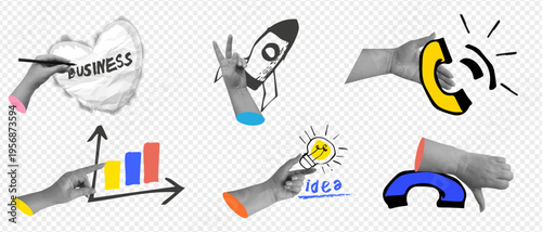 Business collage set of hands with creative icons like rocket, lightbulb, and graph. Horizontal vector illustration in modern surreal style for startup presentations and corporate designs.