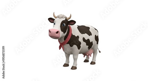 A cute 3D rendered cartoon dairy cow with black and white spots, pink snout, horns, and a pink bandana, standing on a white background.