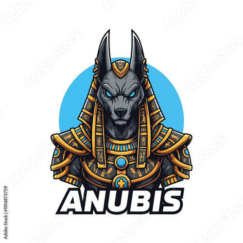 Stylized Vector Illustration of Ancient Egyptian God Anubis, Jackal-Headed Deity in Adorned Armor