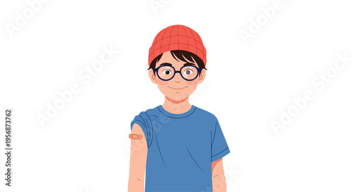 A young boy with glasses and a red hat shows a bandaged arm on International day of mathematics with a cheerful expression