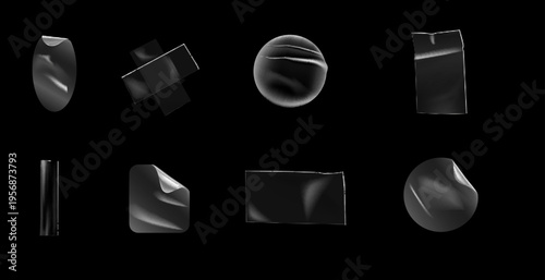 Transparent adhesive plastic tape pieces and cross for fixing isolated on transparent background. Crumpled adhesive plastic