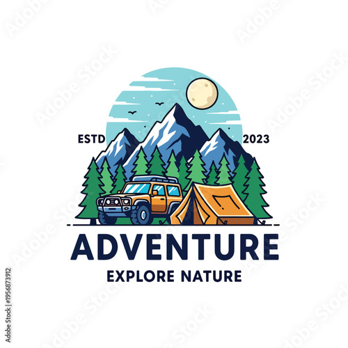 Scenic mountain adventure graphic: Off-road vehicle and camping tent under moonlit sky