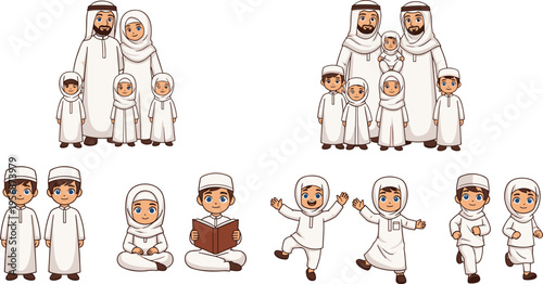 Cartoon Family Illustrations with Parents and Children in Traditional Clothing for Cultural, Family, and Educational Designs
