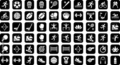 Diverse array of solid filled sport icons representing athletic pursuits and equipment
