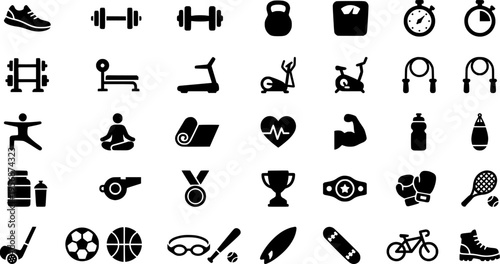 Solid filled sport and fitness icons collection, depicting an active and healthy lifestyle