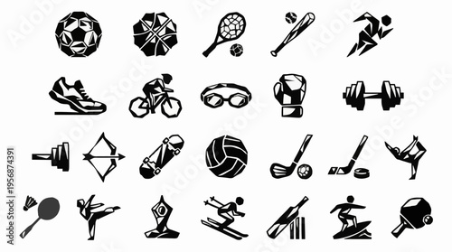 Diverse Collection of Sport Activity and Equipment Icons for Fitness and Athletic Lifestyle Designs