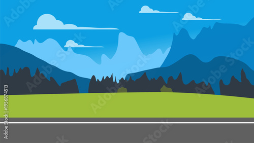summer mountains cartoon landscape with road to horizon, first person view illustration, game vector background