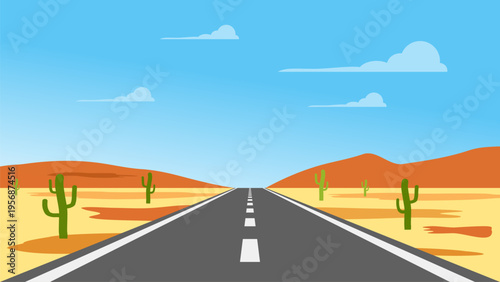 desert cartoon landscape with road to horizon, first person view illustration, game vector background