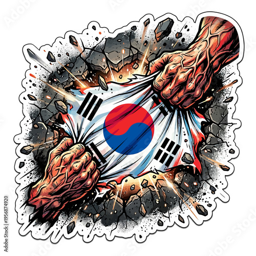 Fists breaking through South Korean flag.