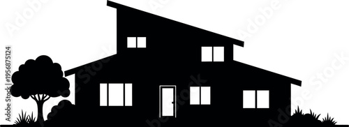 A black silhouette of a modern two story house with a tree and bushes on a white background