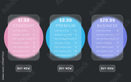 Glassmorphism pricing table template with three tariff plans on dark background. Frosted glass effect, transparent cards, and blurry neon color circles. Vector template for website landing pages.