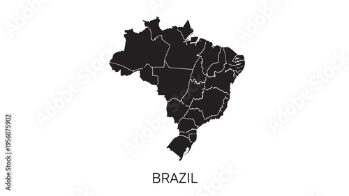 Map of Brazil black silhouette with state boundaries and text label 'BRAZIL' below the country outline.