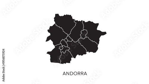 Andorra map with internal divisions shown in white outlines against a black background, symbolizing its regions.