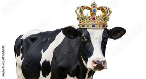 A regal black and white Holstein cow wearing a golden crown adorned with colorful jewels, standing against a white background.