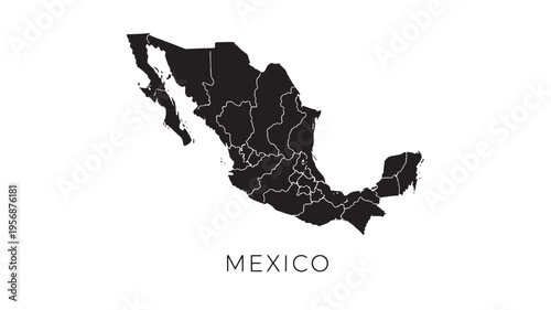 Map of Mexico silhouette in black with white state borders against a white background, featuring the country name below.