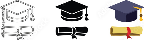 Graduation caps and diplomas in various colors and styles graduation hat scroll academic