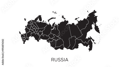 Map of Russia with administrative regions highlighted in white on a black silhouette background, representing geographical boundaries.