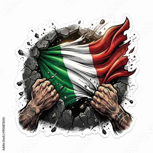Italian flag being torn apart by two hands.