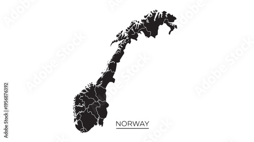 Map of Norway with internal administrative divisions shown in black against a white background, featuring the country's name text.