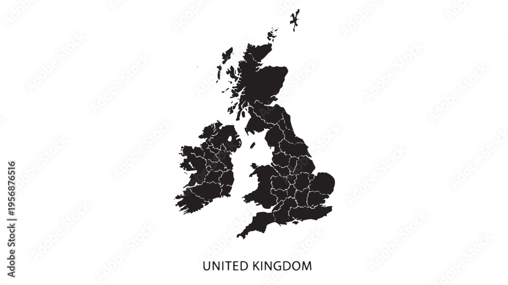 Fototapeta premium Map of the United Kingdom with regional divisions in black silhouette on a white background, featuring island outlines of Great Britain and Ireland.