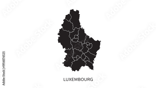 Luxembourg map outline in black with internal borders highlighted with white lines against a plain white background