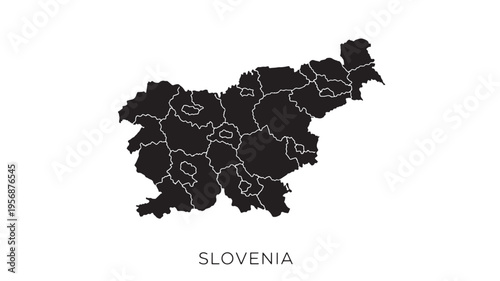 Slovenia map with internal divisions shown in white on a black background with the country name below
