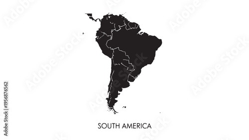 South America map icon with political borders in black silhouette on a white background, abstract geographical representation.