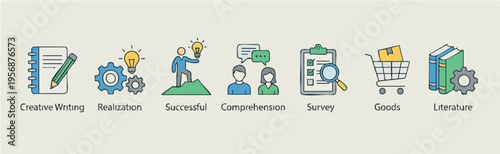 Digital survey and research concept with icons representing writing, realization, success, comprehension, and shopping for business and data analysis
