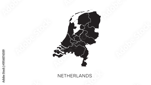 Netherlands map silhouette with internal provincial borders, displayed in a clear black and white graphic.