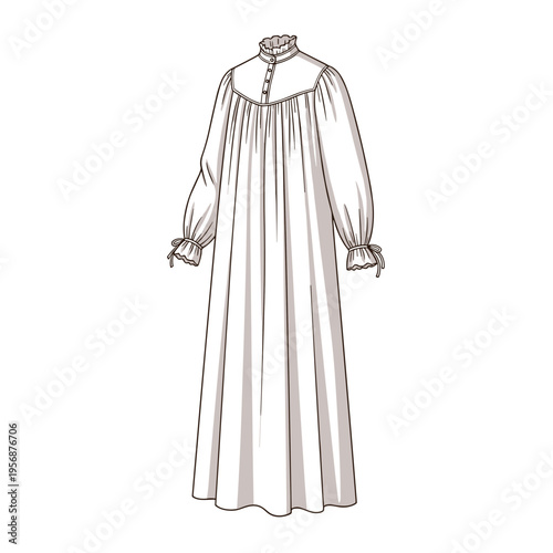 Elegant white cotton nightgown illustration, featuring long sleeves and a ruffled collar, isolated on a plain background