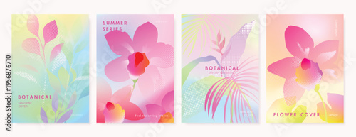 Summer Flower Abstract colorful gradient card background set. Minimalist poster with halftone elements for poster ads.