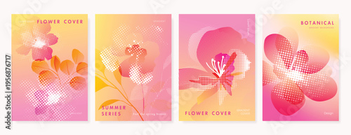 Summer Flower Abstract colorful gradient card background set. Minimalist poster with halftone elements for poster ads.