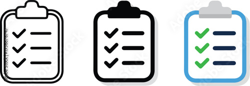 Three clipboards with checklists in black green and blue on white background checkmarks