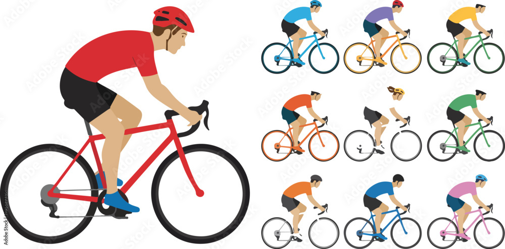 Fototapeta premium Happy people riding sport bicycles vector set, cartoon characters cycling for recreation, fitness exercise and healthy lifestyle illustration