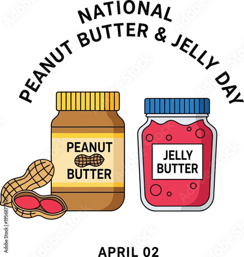 National Peanut Butter and Jelly Day celebration graphic with jars and peanuts on white background