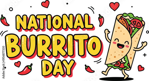 National Burrito Day Celebration Design with Cute Cartoon Character and Chili Peppers Isolated on White